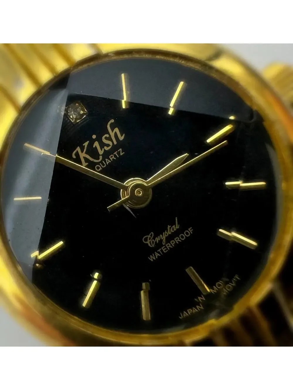 Kish Black Face Gold Case Gold Tone Bracelet Strap New Battery CZ stone 0.05CT